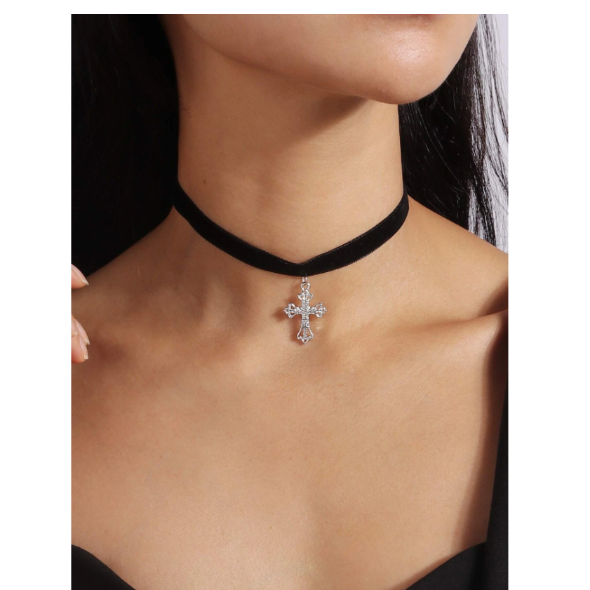 Rhinestone Cross Charm Choker