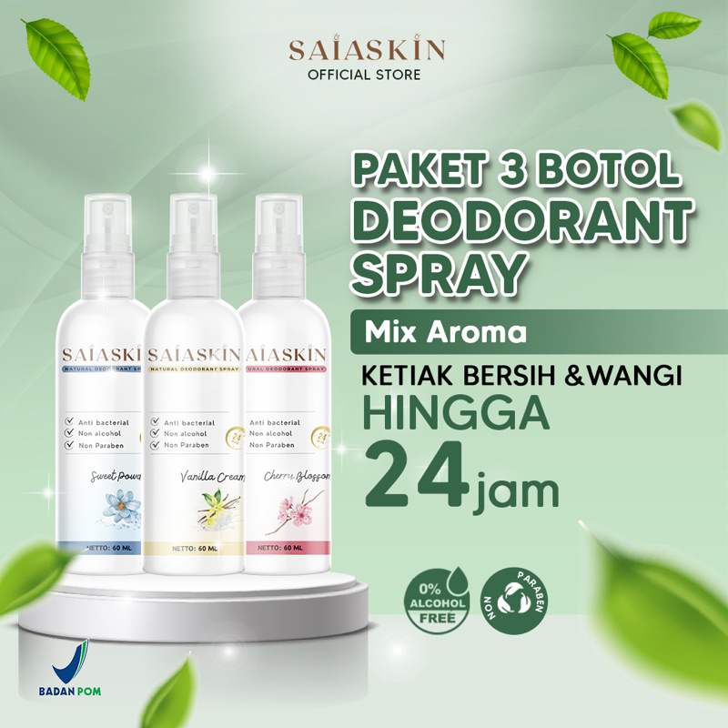 Deo Saia Deodorant spray PAKET 3 BOTOL Mix Aroma 60ml by SaiaSkin BPOM