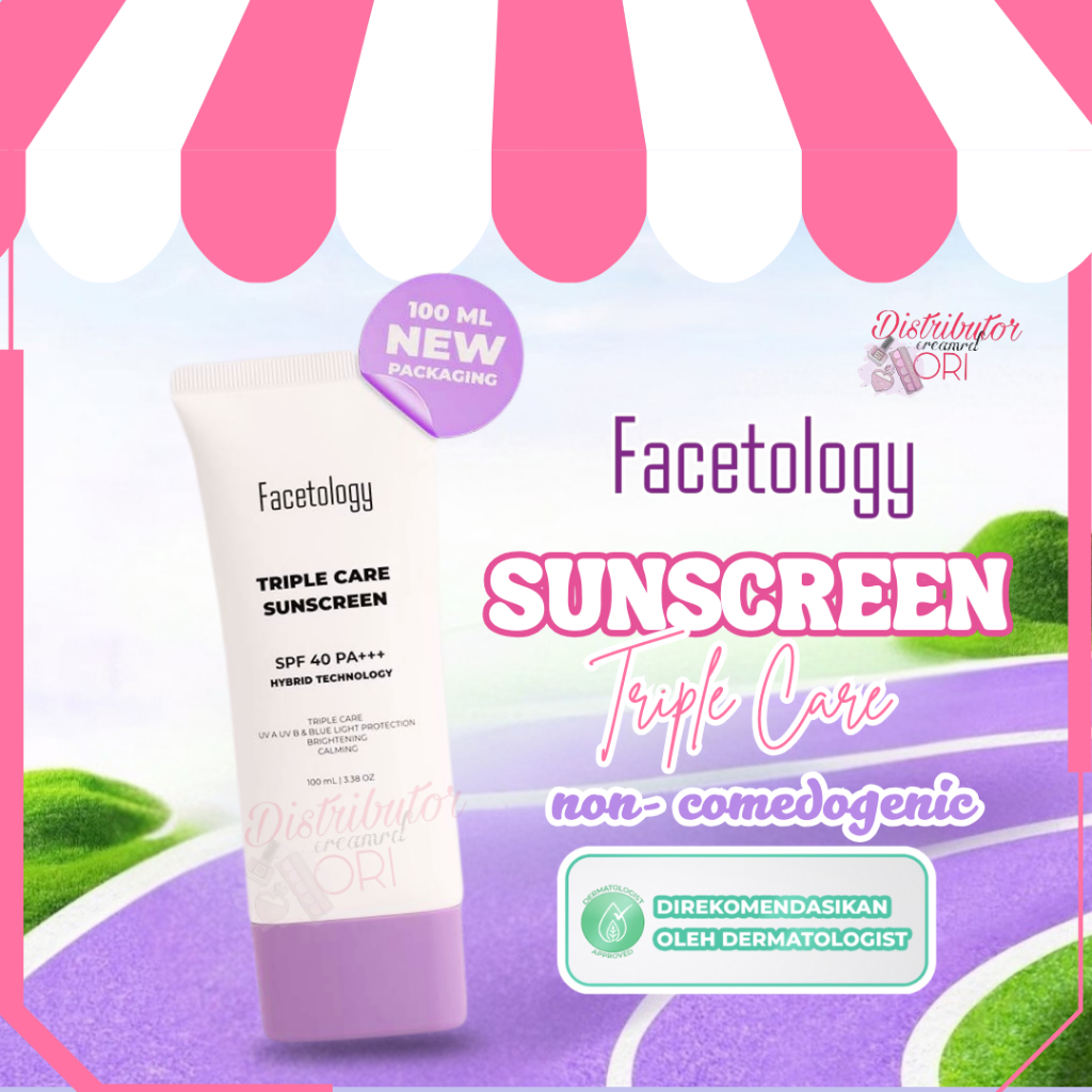 FACETOLOGY SUNSCREEN SPF40 100ML - BESAR  | Facetology Triple Care Sunscreen SPF 40 PA+++ 100ml (Tub