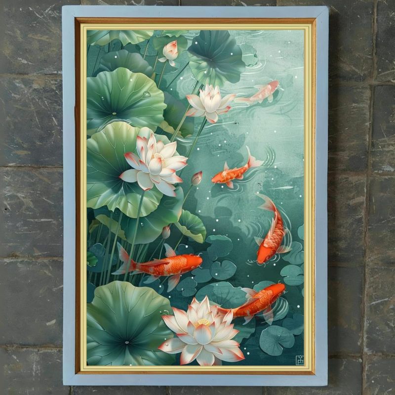 hiasan dinding lukisan cetak ikan koi dan bunga teratai plus bingkai ukuran 85×55