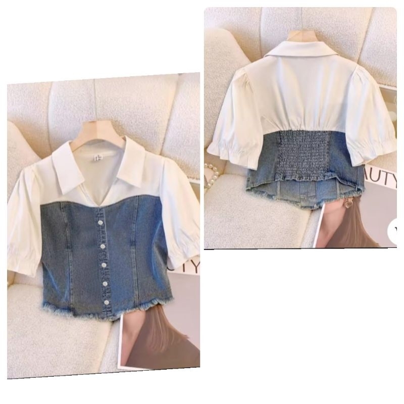 TC BAJU ATASAN WANITA KROP TOP JEANS KOMBINASI KATUN PREMIUM/ATASAN JEANS WANITA