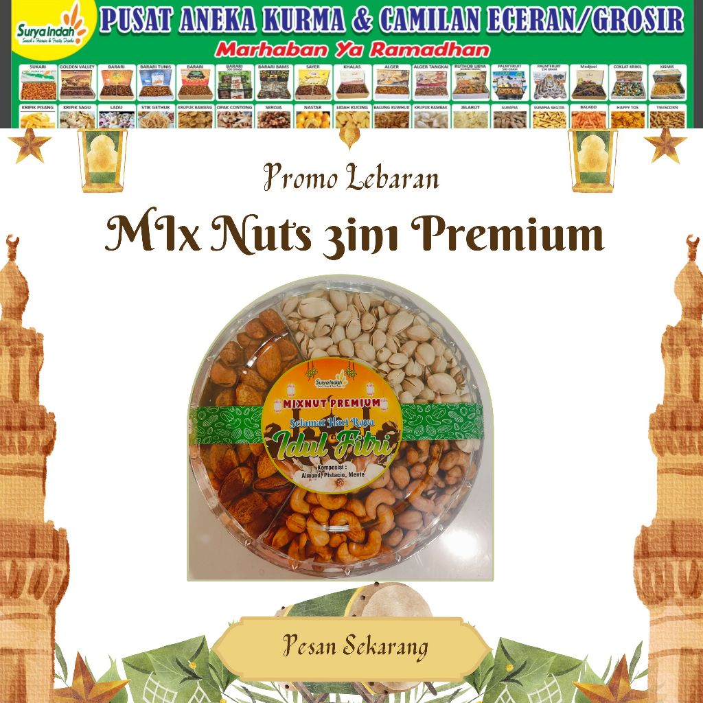 

Mix Nuts 3in1 Premium Paket Snack Hari Raya packing dalam Toples Bulat Surya Indah Jombang