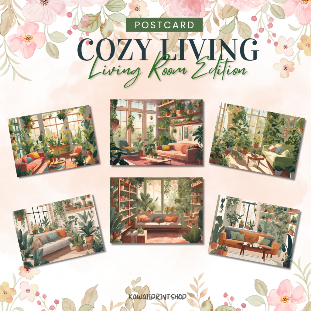 

Living Room Illustrations Postcard | Greenery Room Postcrossing Card | Kartupos Ruang Kerja Cozy Dengan Tanaman | Kartupos Cozy Living Room