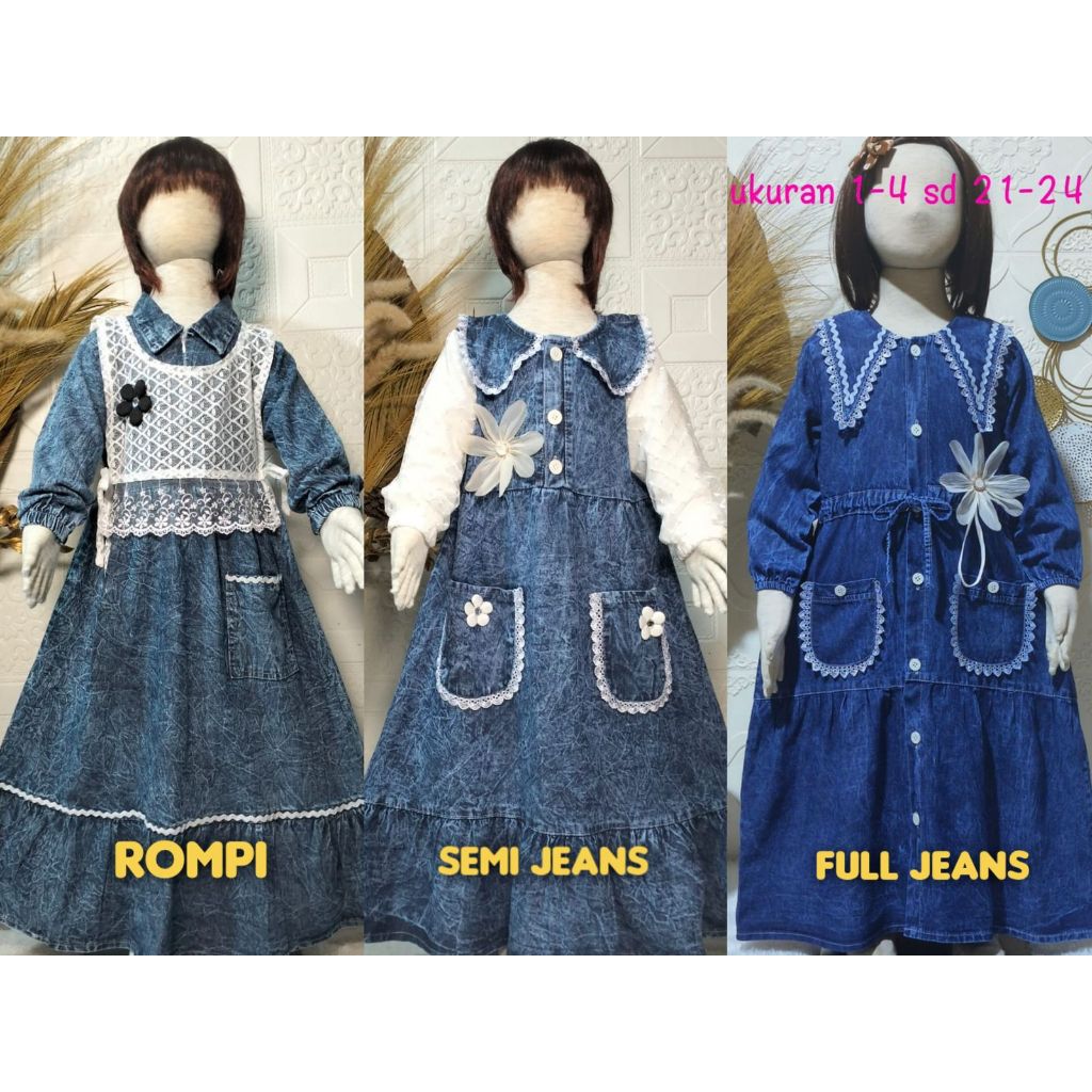 KITIN - GAMIS ANAK JEANS WASH  / TUNIK JEANS ROMPI BRUKAT BAHAN ADEM UKURAN 4-10 TAHUN