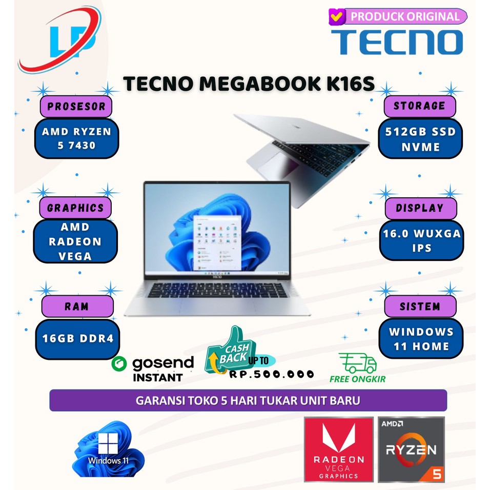 Tecno megabook k16S ryzen 5 7430 16gb 512gb w11 16.0 wuxga ips