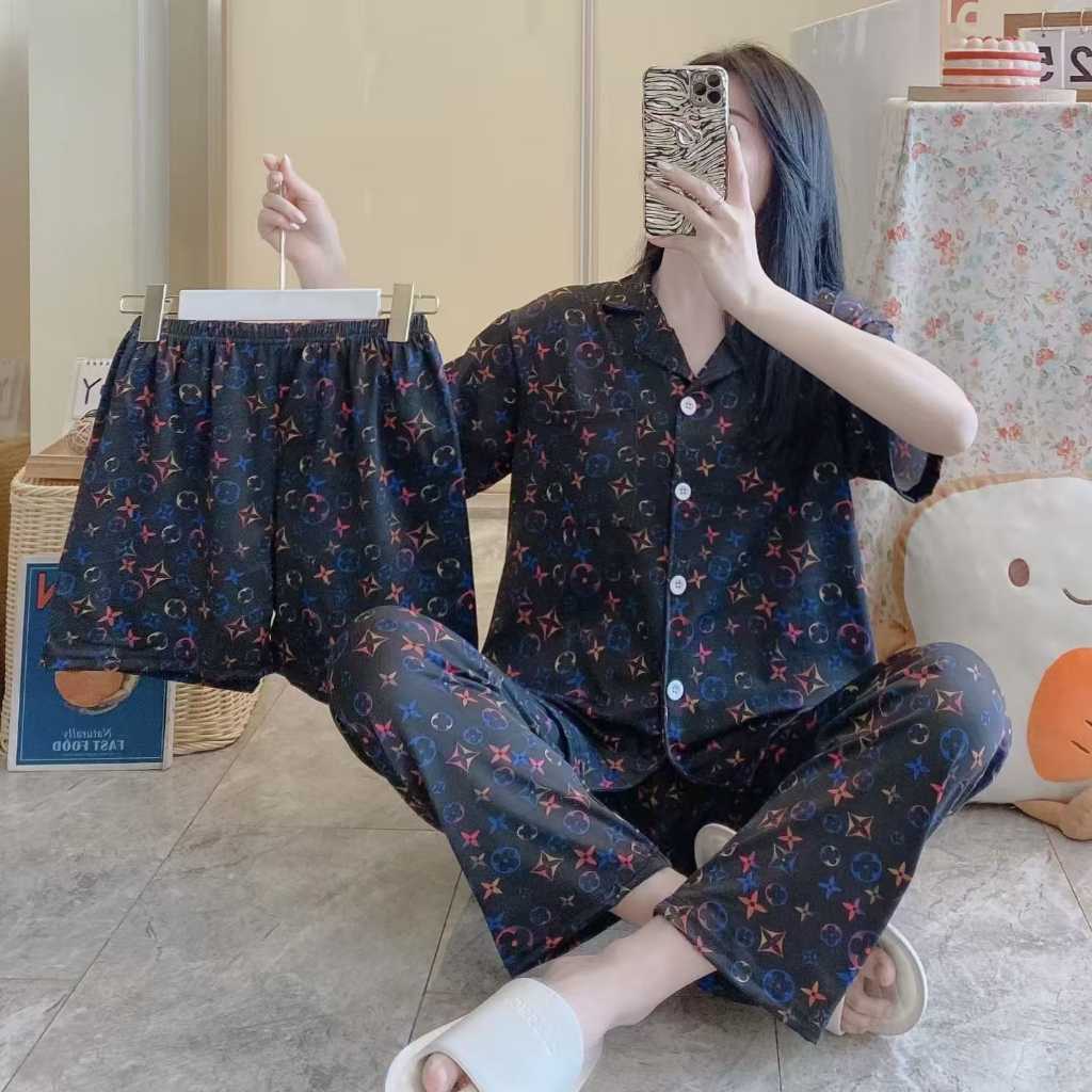 Baju Pakaian Tidur Wanita Dewasa Set PIYAMA 3 IN 1 GUCCI Baju Lengan Pendek Celana Panjang + Celana 