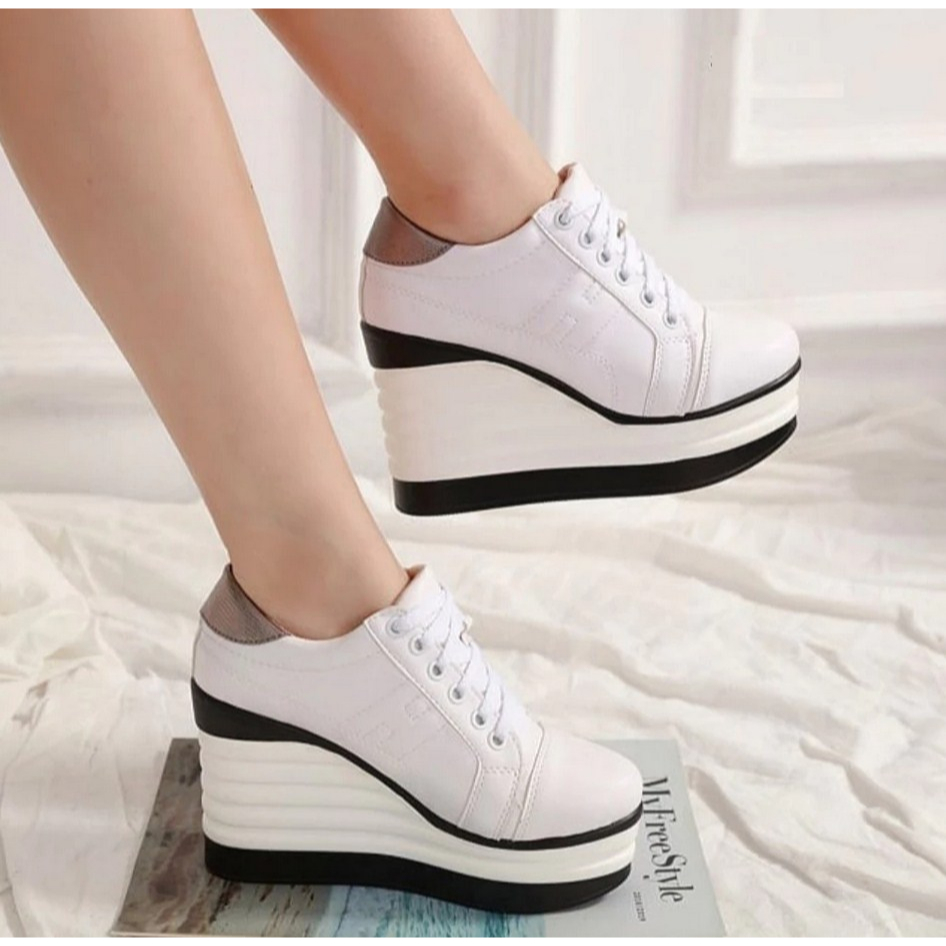 AJ17 SEPATU SNEAKERS WANITA PUTIH WHITE PREMIUM WEDGES BOOTS BOOT SNEAKER HAK TINGGI HIGH HEEL 7cm W