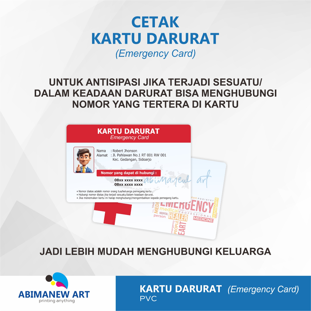 

Cetak Kartu Darurat/Emergency Card bahan PVC satuan,anti luntur, tahan lama