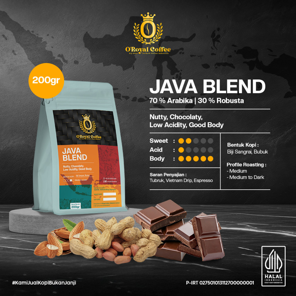 

Kopi Bubuk Java Blend 70% Arabika 30% Robusta Medium to Dark Roast O'Royal Coffee Bean Grind