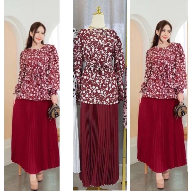 ONESET ROK PLISKET IMPORT BANGKOK / SETELAN BLOUSE PANJANG MOTIF BKK ROK PLEATED