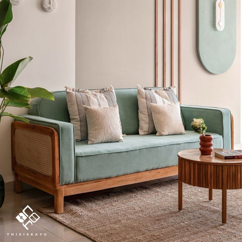 SOFA TAMU ROTAN KEKINIAN KAYU JATI ASLI | SOFA ROTAN TIPE JAPANDI ESTETIK | SOFA KAYU JATI ASLI GAYA