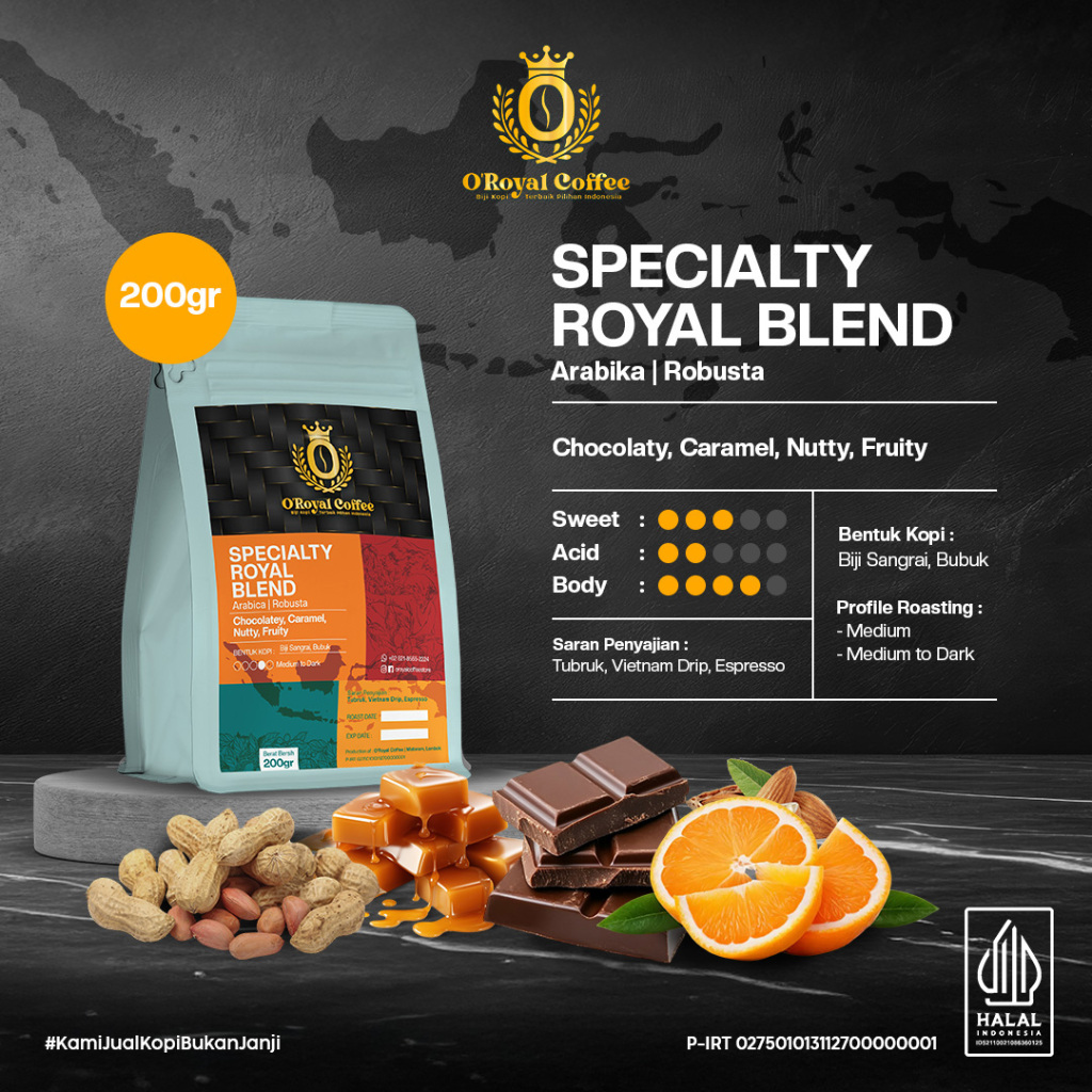 

Kopi Bubuk/Biji Specialty Royal House Blend Arabika Robusta | Medium to Dark Roast -O'Royal Coffee