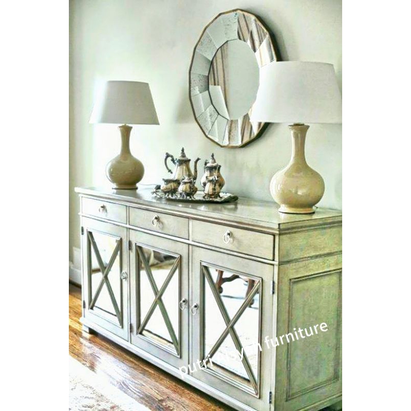 Bufet klasik  pintu kaca cermin.bufet pintu 3 laci 3