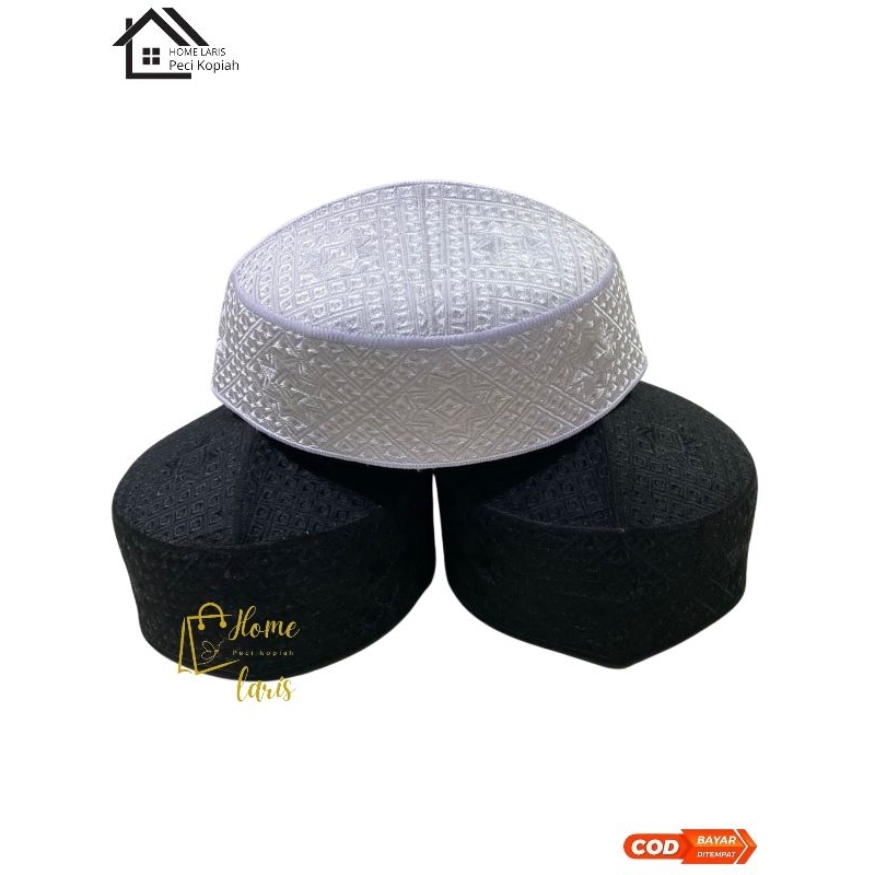 Peci Kopiah Haji Putih Senada Pakistan Super Full Bordir / Peci Kopyah Pria Pakistan Premium Hitam S