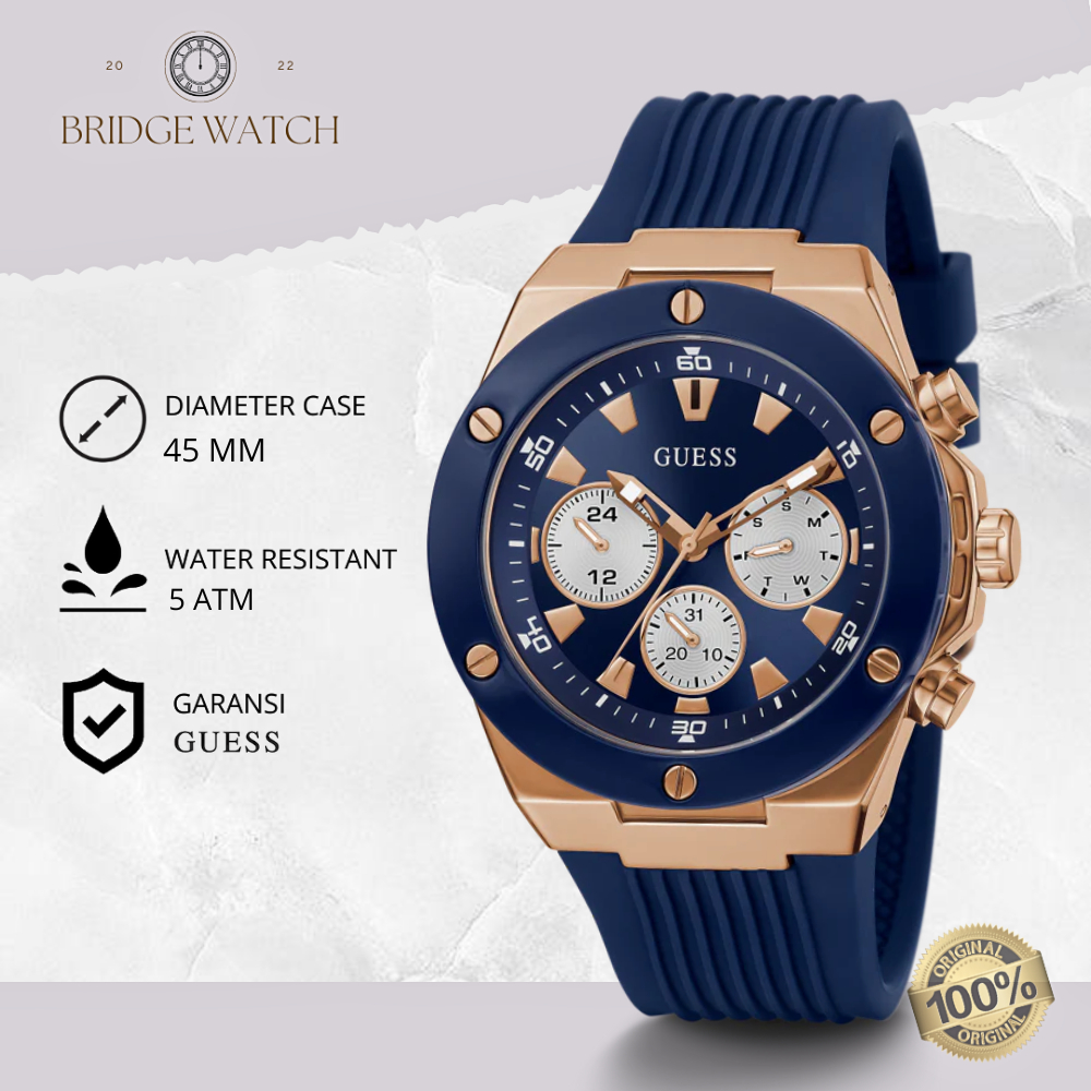 Jam Tangan Pria Guess Poseidon GW0057G2 Original Analog Chronograph Sporty Blue Rubber Strap Silicon
