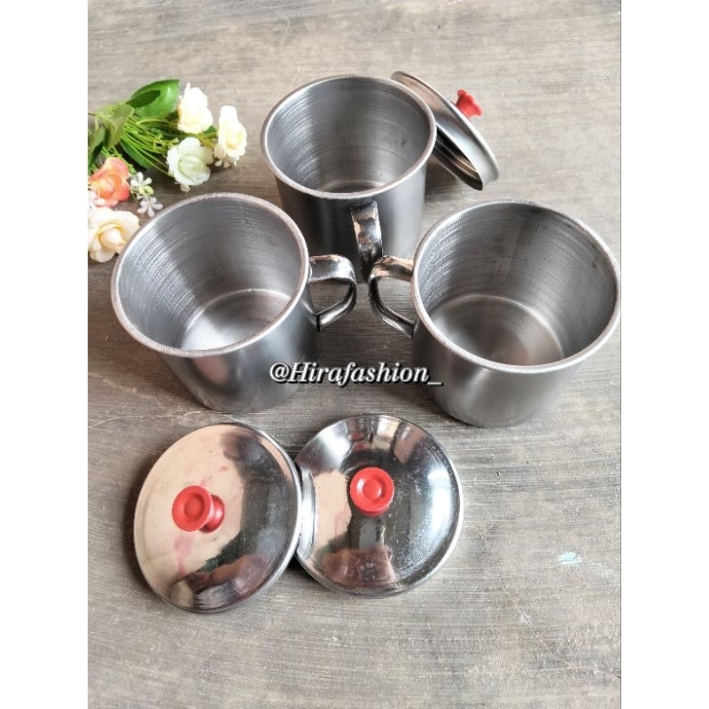 Gelas Mug Stainless + Tutup / Cangkir Stainless Gagang Tebal