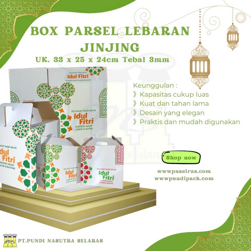

BOX PARSEL LEBARAN JINJING UKURAN 33 X 25 X 24MM TEBAL 3MM MOTIF ISI 20PCS