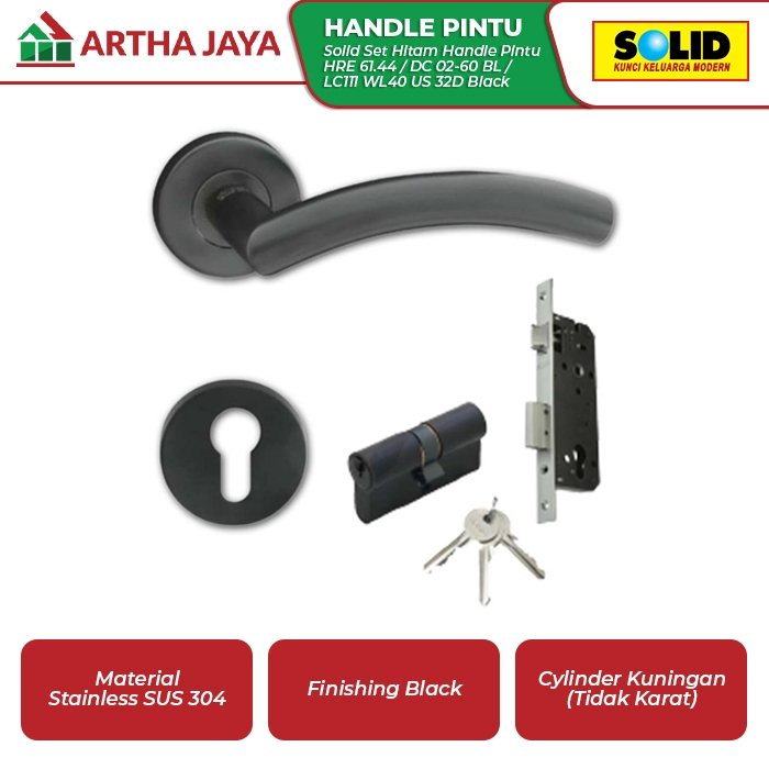 Solid Set Hitam Handle Pintu HRE 61.44 / DC 02-60 BL / LC111 WL40 US 32D Black