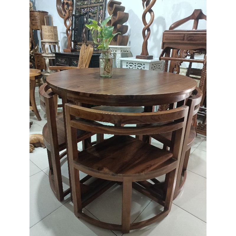 Meja Makan Bulat 4 kursi Minimalis jati