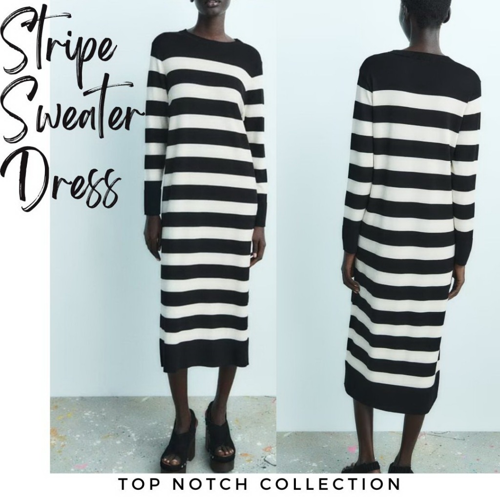 Sweater Hitam Putih Wanita Stripe Sweater Dress 35924