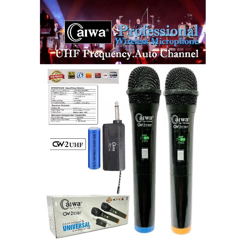 Mic Wireless Caiwa CW-2 UHF +1 PC Baterai Rechargeable Microphone Mic Tanpa Kabel Mic Vokal Karaoke
