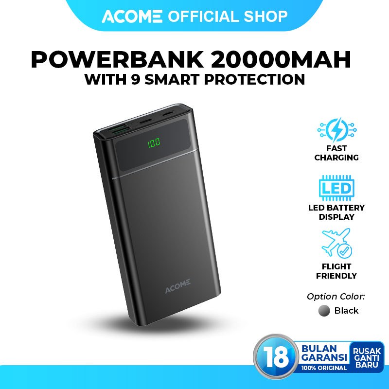 ACOME Powerbank 20000mAh AP201 Fast Charging LED Display Dual Input & Three Output Original -