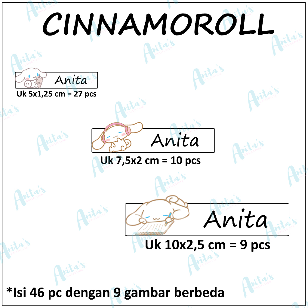 

46pcs STIKER LABEL NAMA PULPEN / PENSIL dll tema CINNAMOROLL | SIZE S, M, L (MIX) | CUSTOM NAMA