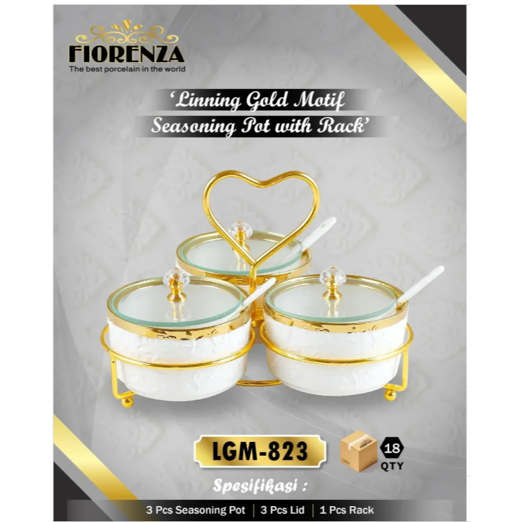 FIORENZA Tempat Bumbu Keramik + Rak LGM-823 Gold 3 PCS