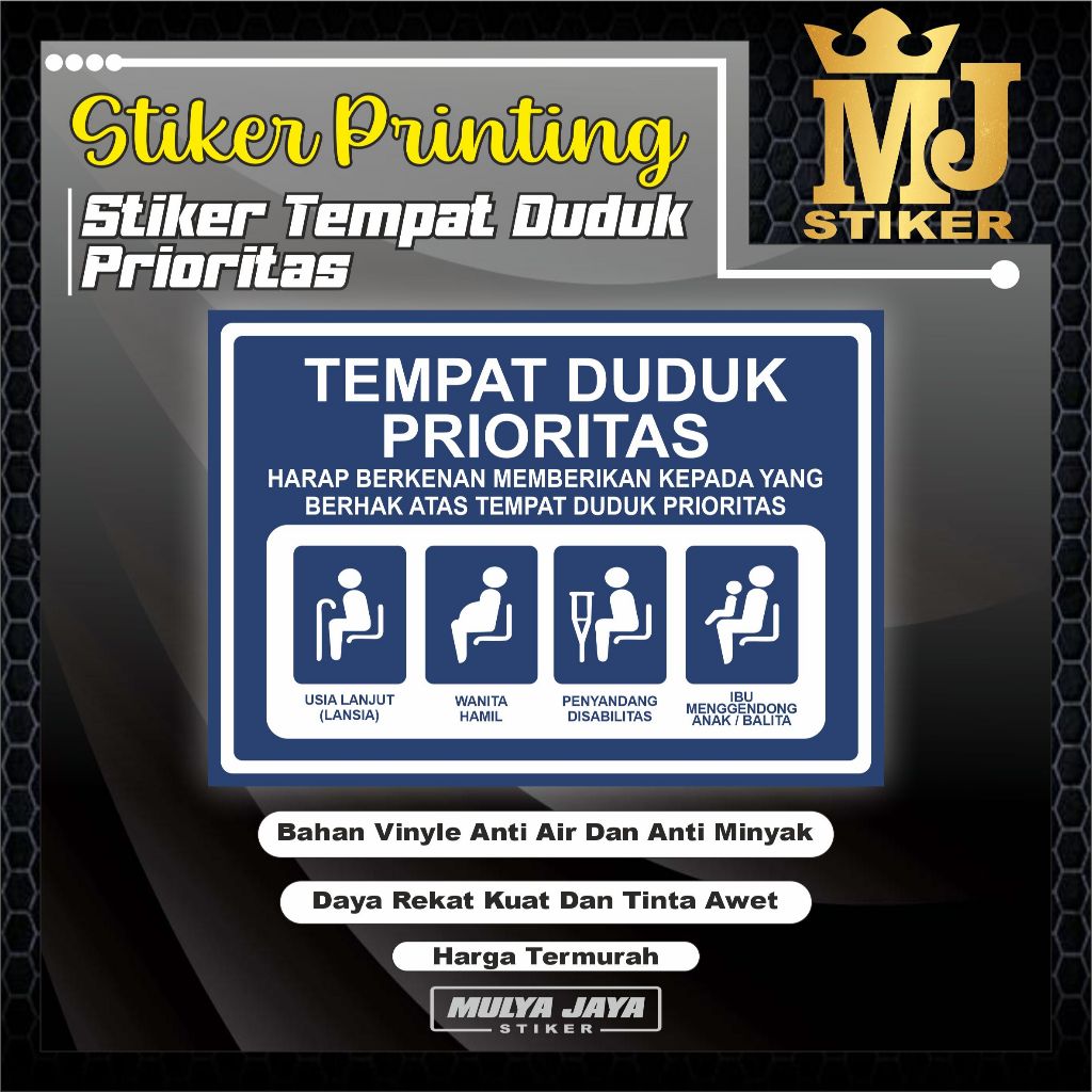 

PROMO Mulya Jaya Stiker Tempat Duduk Prioritas / Stiker Kursi Prioritas / Stiker Prioritas / Bahan Vinyl Glossy ( Anti Air )