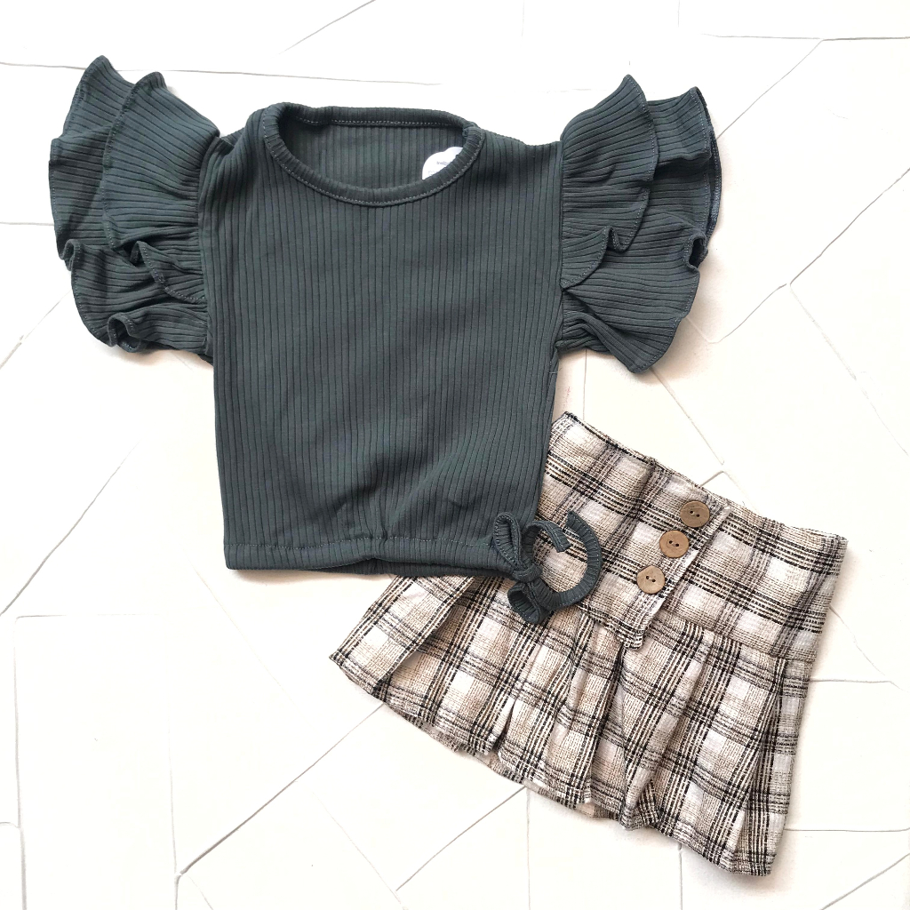 Baju bayi perempuan lengan rempel baju ikat setelan rok kotak 3-9 bulan