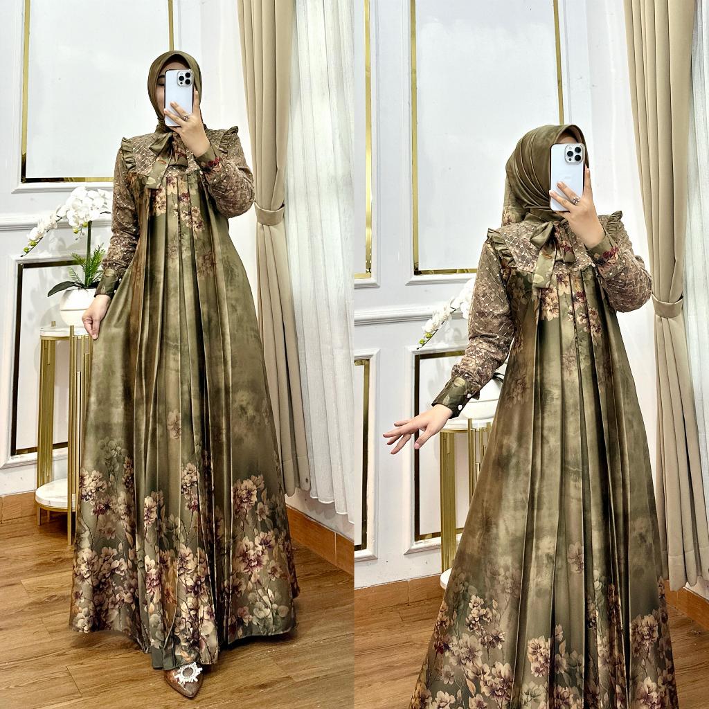 Gamis Sauqia Dress Set Hijab Motif Armany Silk Fashion Kasual Wanita lebaran 2026