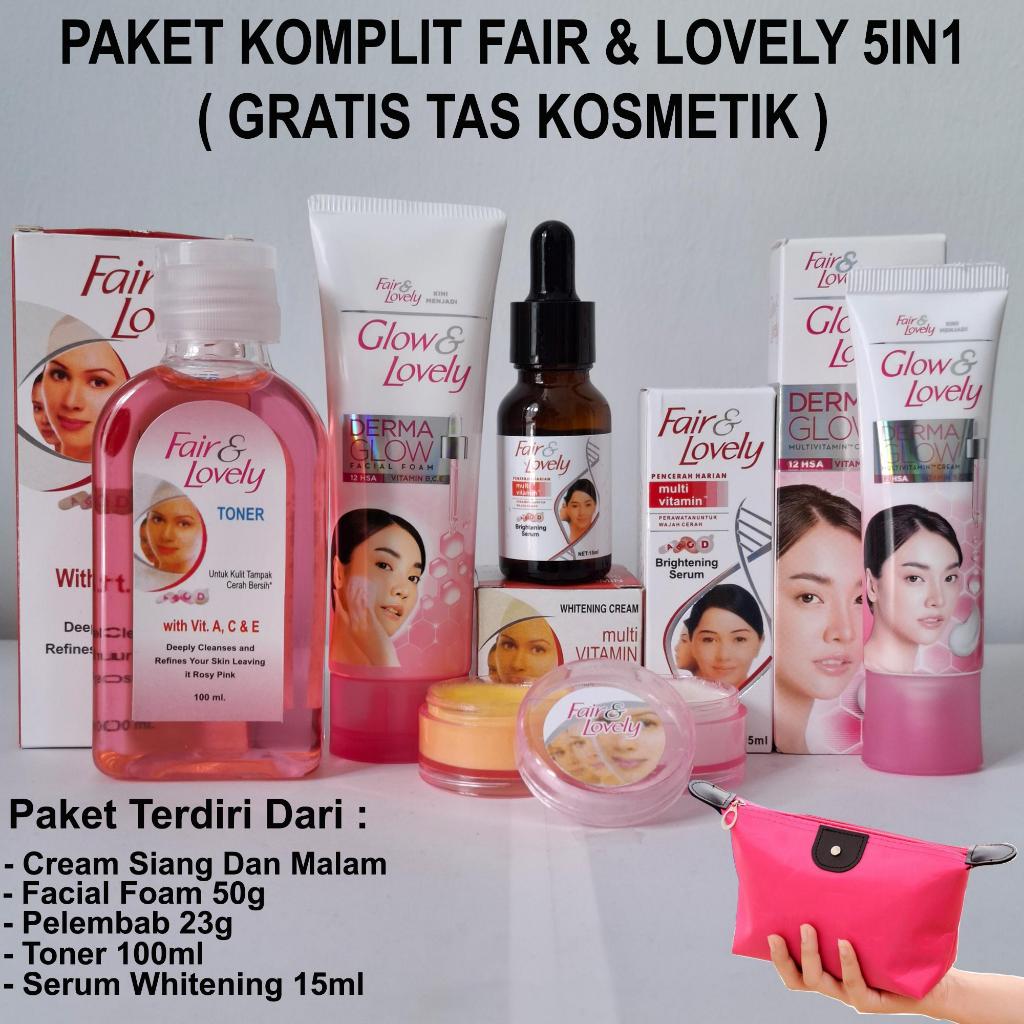 [ GRATIS TAS KOSMETIK ] Paket Lengkap Glowing Asli 5 in1 Fair And Lovely - Cream Siang Malam - Pelem