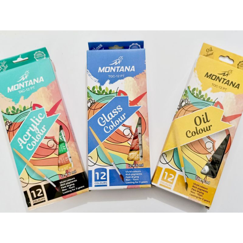 

PER SET MONTANA PAINT Cat Acrylic Colour, Cat Minyak Oil Colour, Cat Kaca Glass Colour 12 Warna x 6ml
