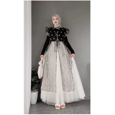 Setelan Vest Long Tunik Brukat + Rok Tutu Putih Ootd Hari Raya Outer Brukat Hitam Style Hijab Wanita