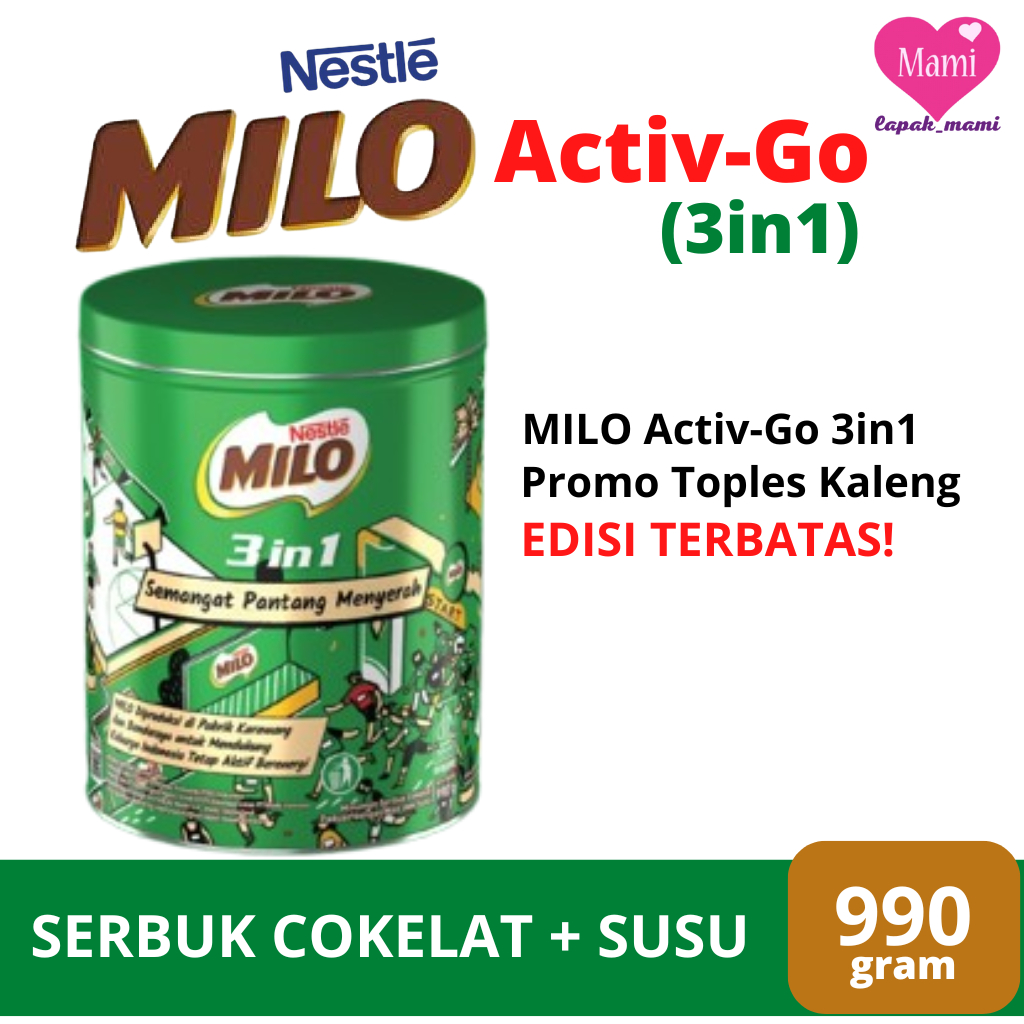 

MILO ACTIV-GO 3in1 Promo Toples Kaleng 990g Minuman Serbuk Coklat + Susu + Ekstrak Malt (Barli)