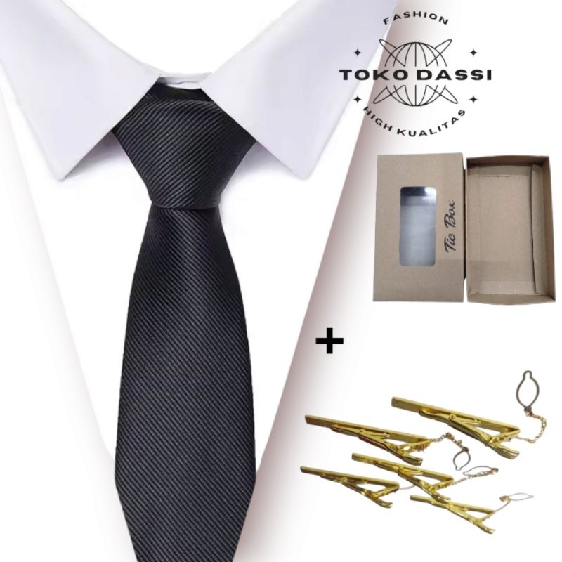 paket hemat dasi instan slim salur halus 2inchi dasi+box+jepit dasi hitam-merah