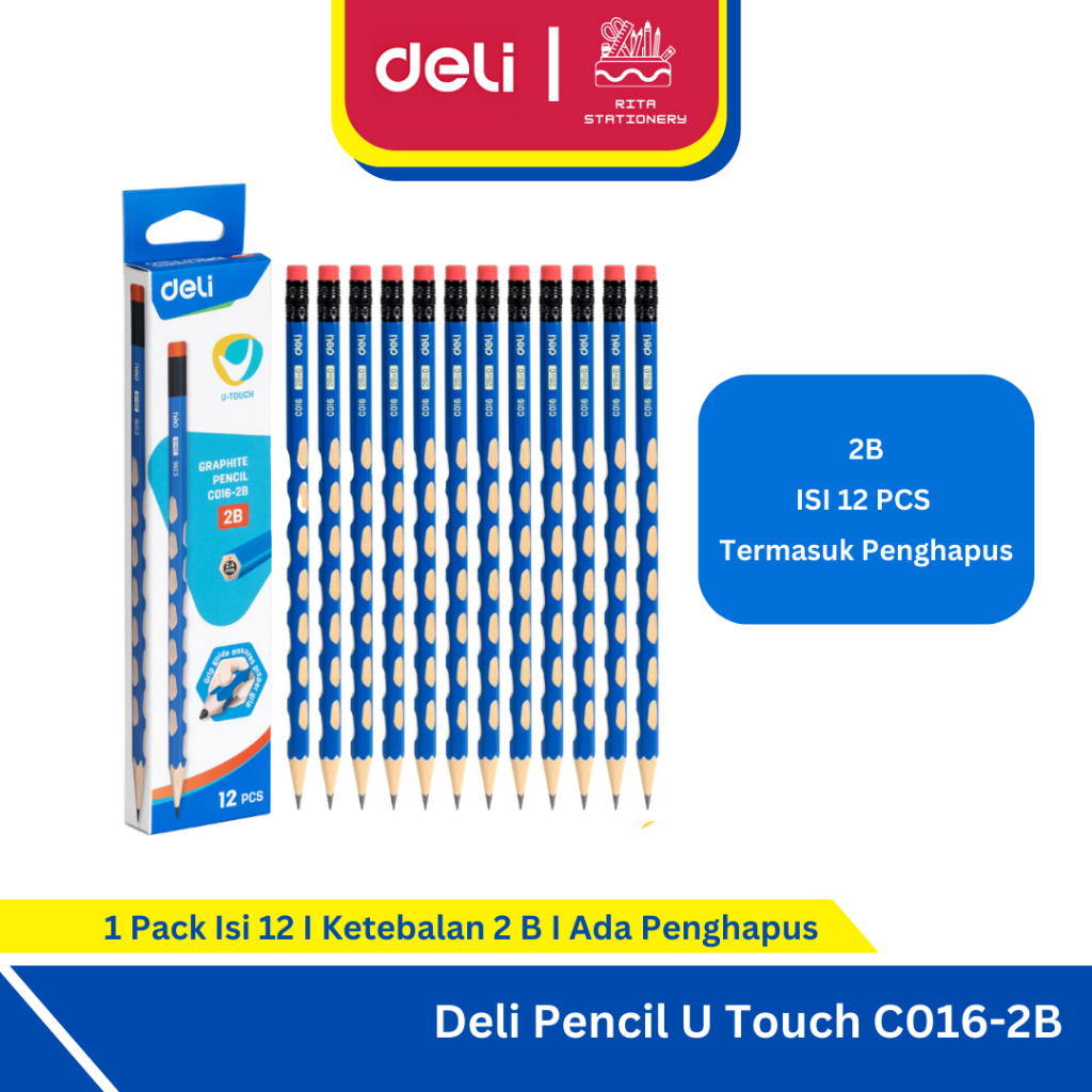

Pensil Kayu Deli U-Touch Natural Grip 2B + Erase ada penghapusnya - 1 pack isi 12 selusin murah