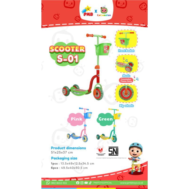 Scooter Anak PMB x CoComelon S-01 – Musik, Roda Besar, Keranjang Depan