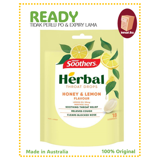 

Nestle Soothers Herbal Honey & Lemon 18 Lozenges 63g - Permen Pelega Tenggorokan - 100% ORIGINAL - BARANG READY DIKIRIM