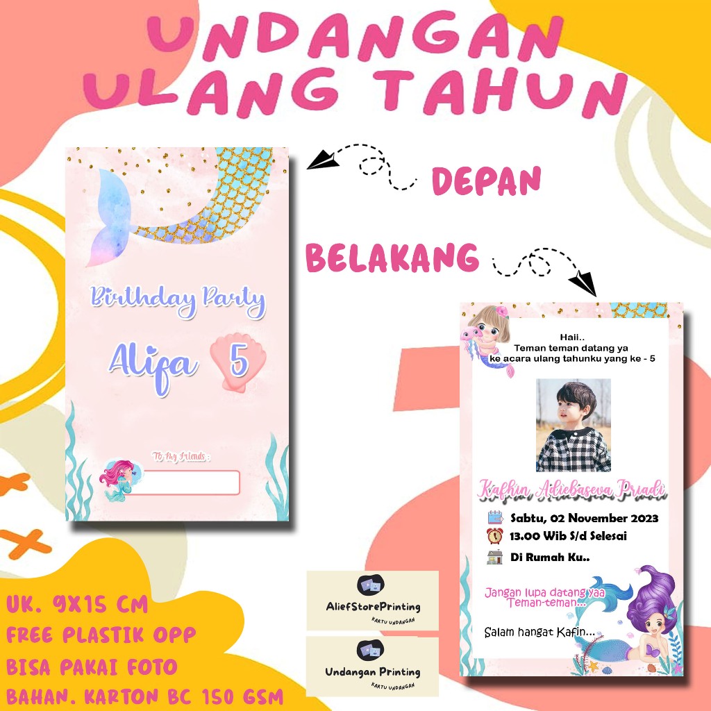 Undangan Ulang tahun Mermaid 2 Karakter Undangan Custom Nama Foto Undangan Ultah Anak