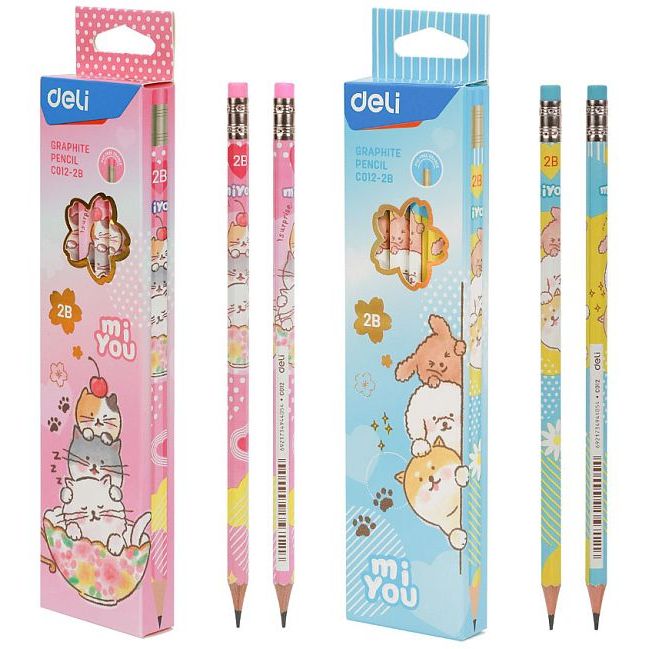 

Deli EC012-2B Graphite Pencil / Pensil Kayu 2B Isi 12pcs/Pack dengan Penghapus Desain Miyou Lucu