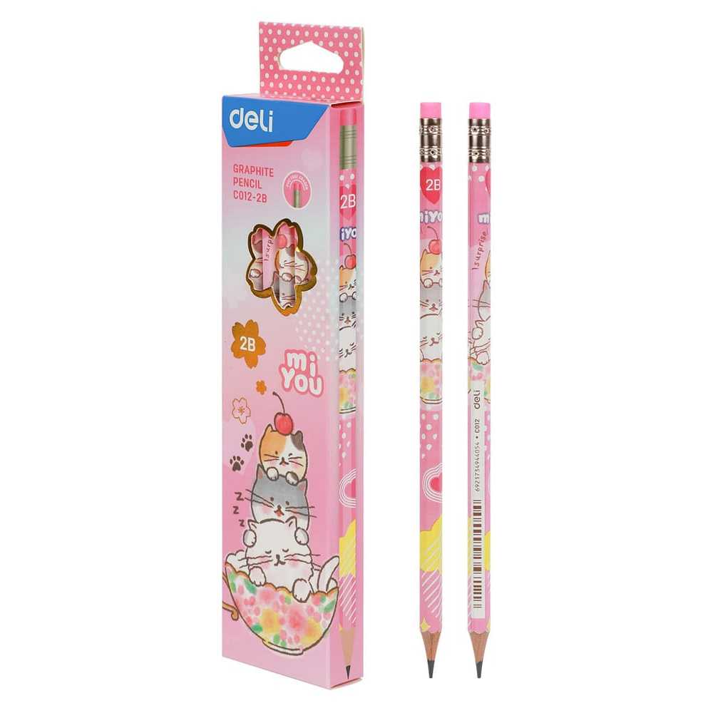 

Ay00! Deli EC012-2B Graphite Pencil / Pensil Kayu 2B Isi 12pcs/Pack dengan Penghapus Desain Miyou