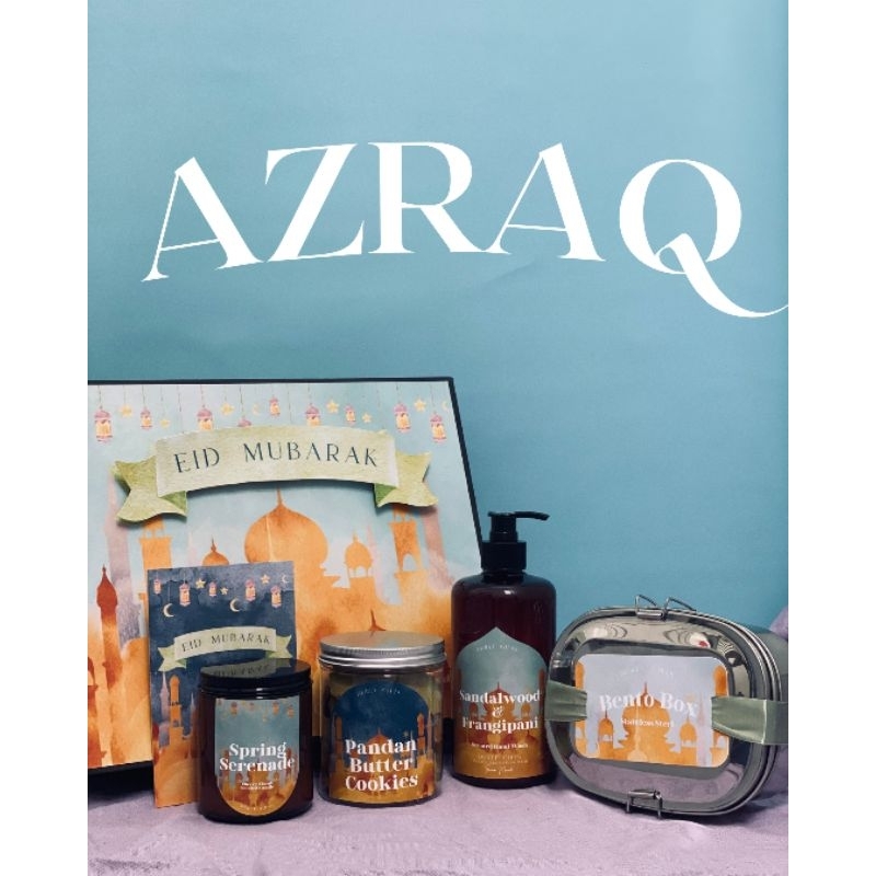 

AZRAQ SET HAMPERS LEBARAN DUREE GIFTS SCENTED CANDLE COOKIES SABUN CUCI TANGAN BENTO BOX FREE GREETING CARD DAN SAJADAH TRAVEL PARCEL LEBARAN