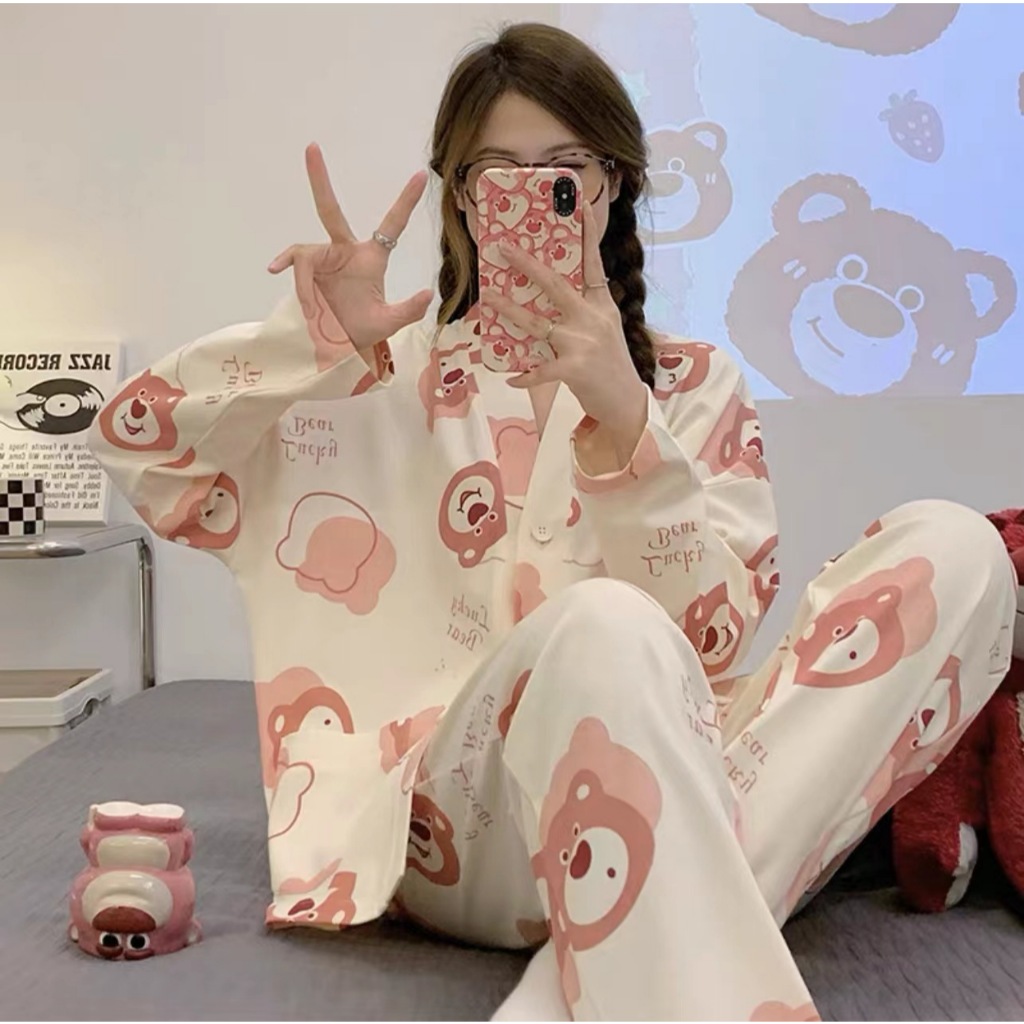 PROMO DISKON KINIE PIYAMA WANITA MOTIF HANAMI BAJU TIDUR WANITA DEWASA SET KEMEJA LENGAN PANJANG