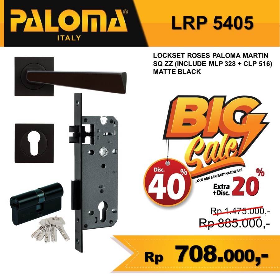 PALOMA Handle Pintu Set Kunci Komplit Solid Gagang Pintu Hitam LRP 5405
