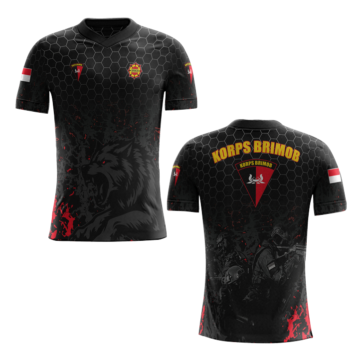 Kaos fullprinting / Baju TEMA  -CORPS BRIMOB- 08 HITAM garis MERAH /baju /KAOS keren tangan panjang 