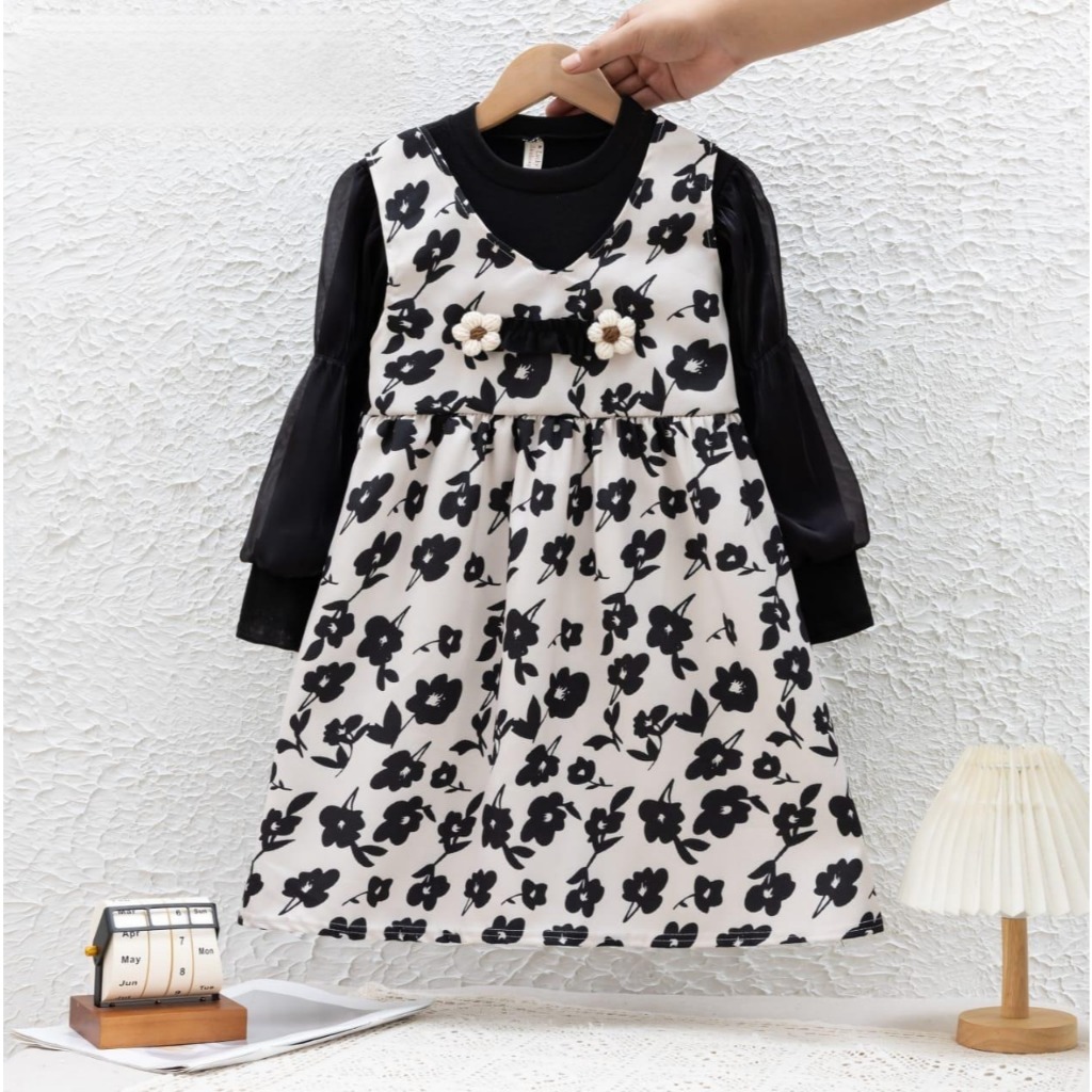 Dress Anak Perempuan Usia 4-7 Tahun | Fashion Trendy Model 2in1 Inner Baju Kaos Lengan Panjang Tile 