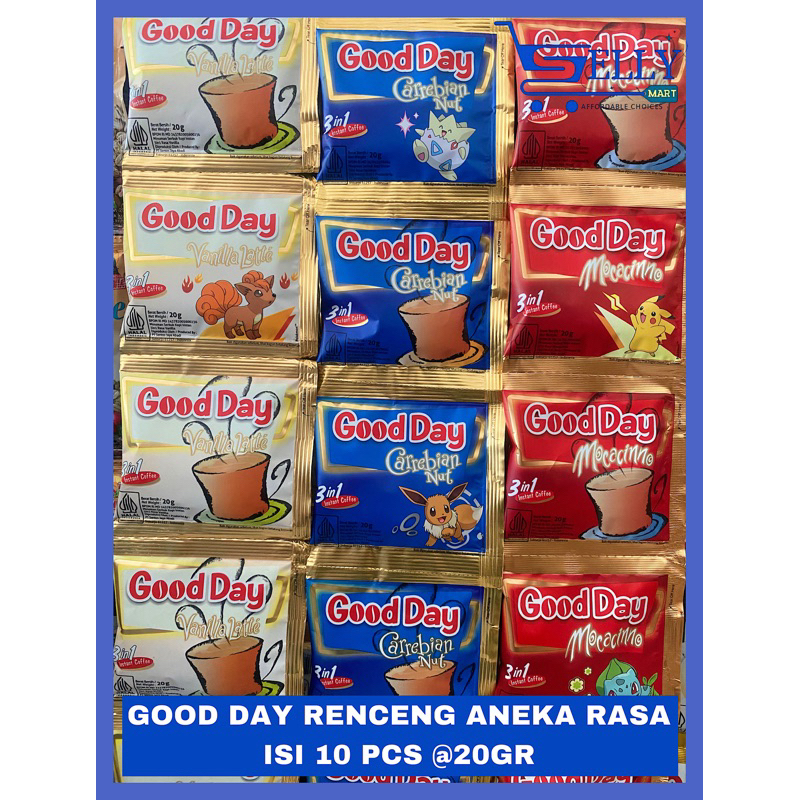 

GOOD DAY ANEKA RASA (CARREBIAN NUT, CHOCOCINNO, COLLIN, MOCACINNO, VANILLA LATTE) RENCENGAN ISI 10 PCS @20GR