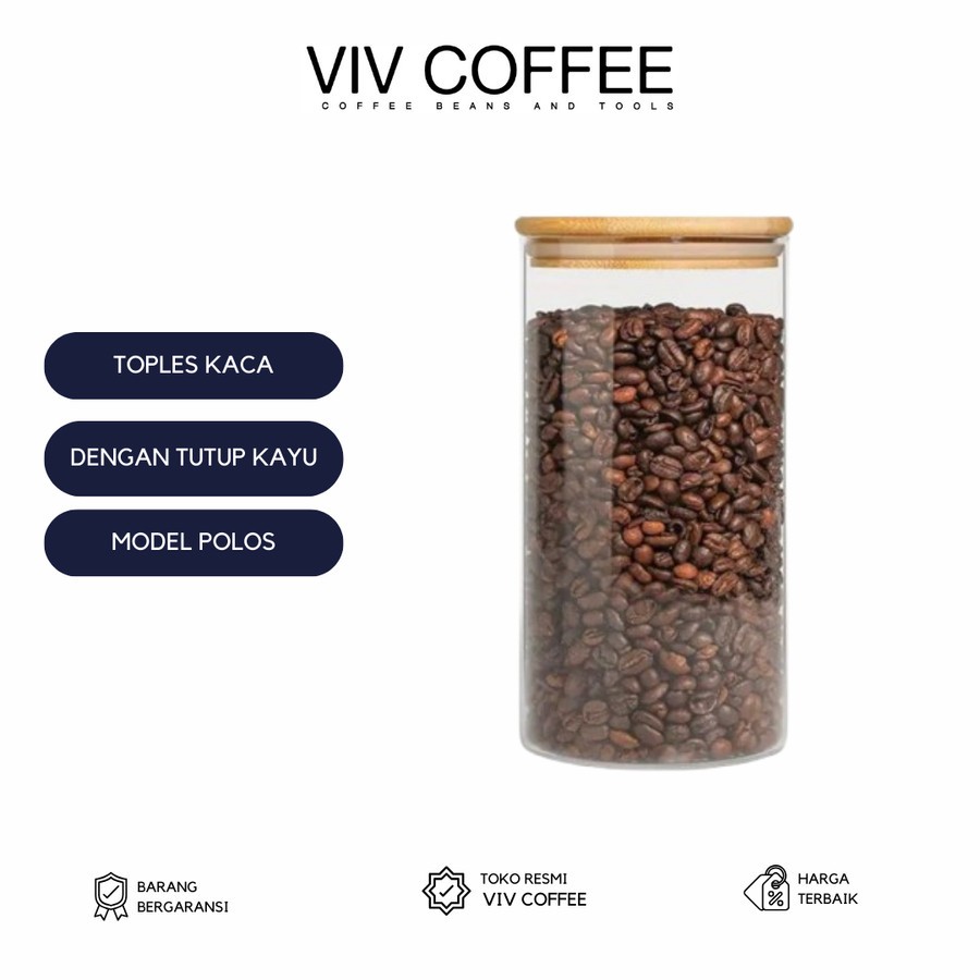 Toples Kopi Kaca Kedap Udara Tutup Kayu Polos