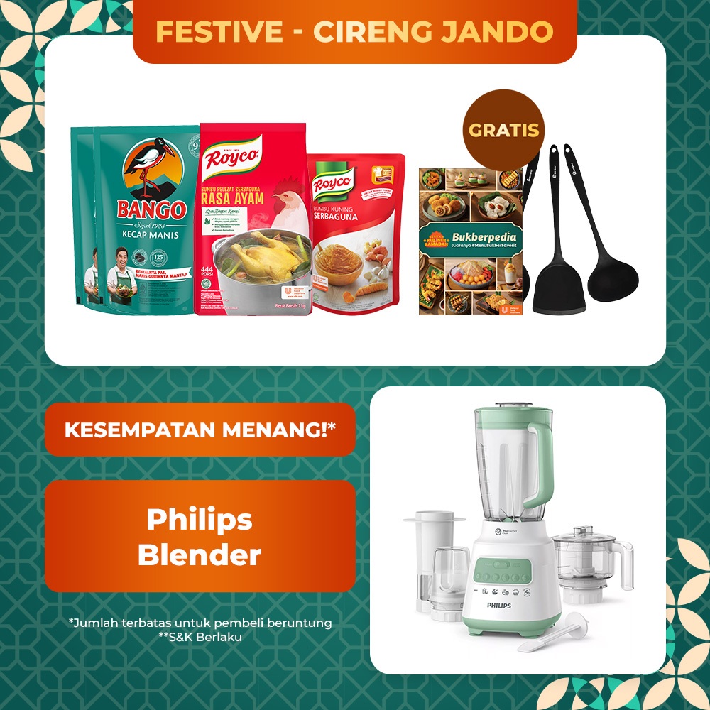 

Festive - Cireng Jando (Bango Kecap 1.52Kg (X2) + Royco Ayam 1Kg + Royco Bumbu Kuning + Free Gift - Buku Resep Accordion Festive + GM Bear Spatula 3in1)